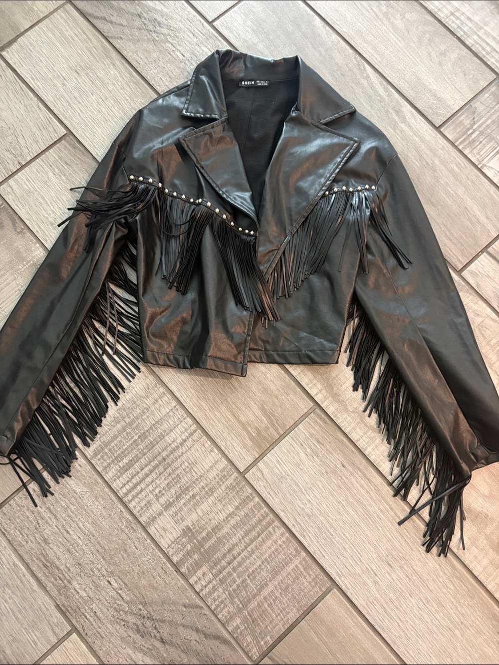 SHEIN Black Fringe Faux Leather Cropped Jacket